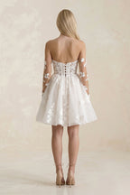 Robe de mariée blanche trapèze en dentelle à épaules dénudées manches longues - Harana