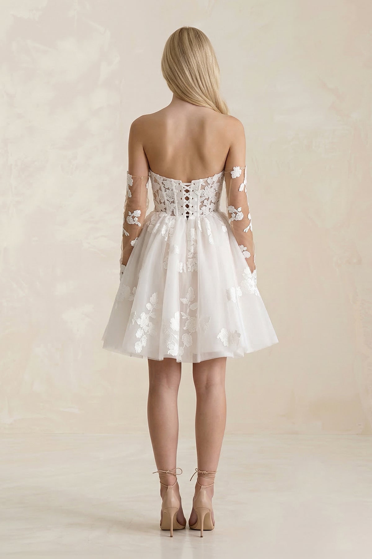 Robe de mariée blanche trapèze en dentelle à épaules dénudées manches longues - Harana