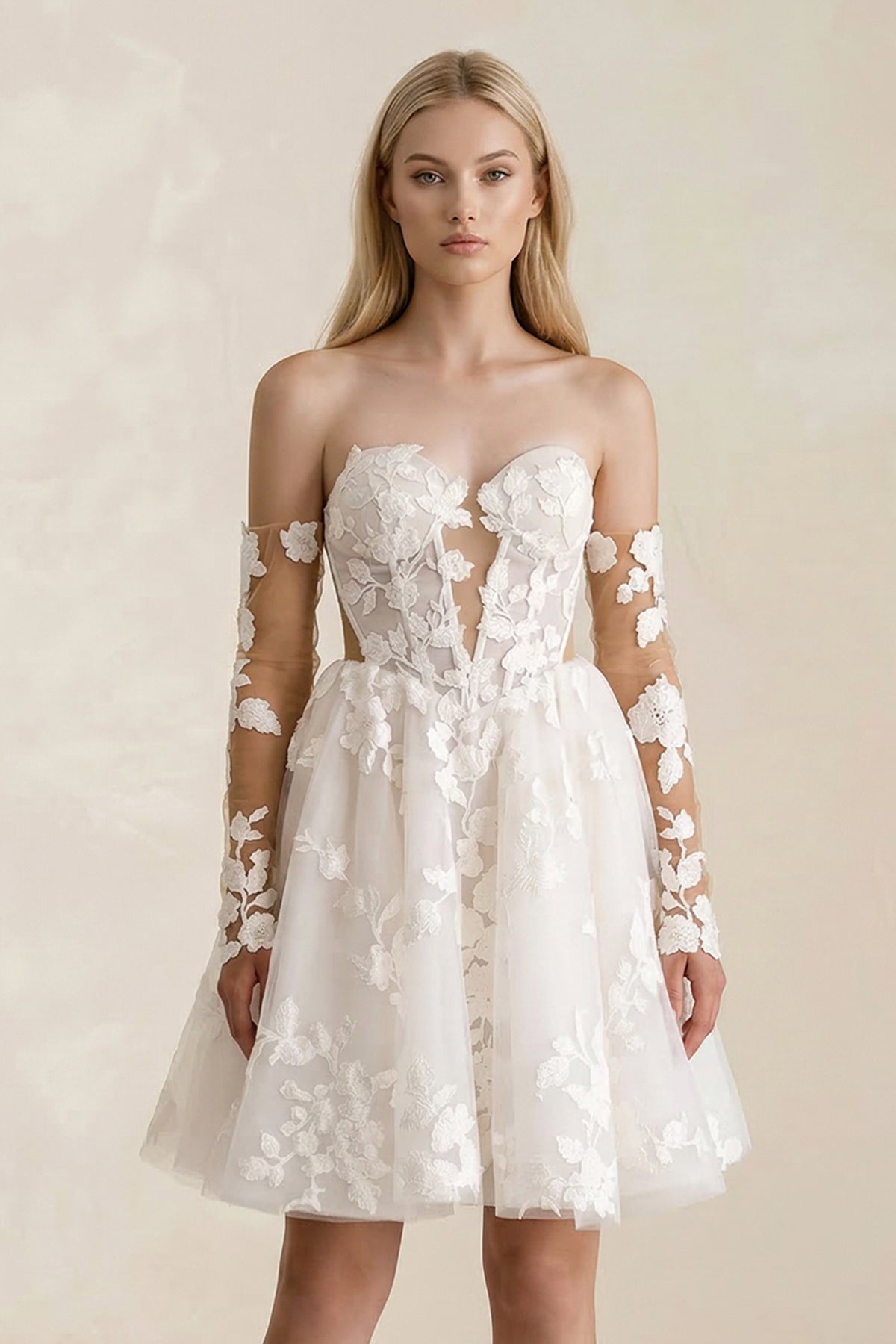 Robe de mariée blanche trapèze en dentelle à épaules dénudées manches longues - Harana