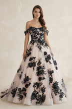 Robe de mariée black & nude longue à épaules dénudées sans manches en tulle - Harana