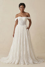 Robe de mariée ivoire trapèze en dentelle à épaules dénudées à corset - Harana