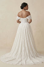 Robe de mariée ivoire trapèze en dentelle à épaules dénudées à corset - Harana