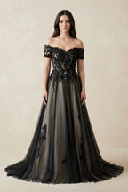 Robe de mariée noire trapèze en dentelle à épaules dénudées - Harana