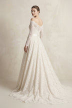 Robe de mariée ivoire longue à épaules dénudées manches longues avec nœud - Harana