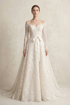 Robe de mariée ivoire longue à épaules dénudées manches longues avec nœud - Harana