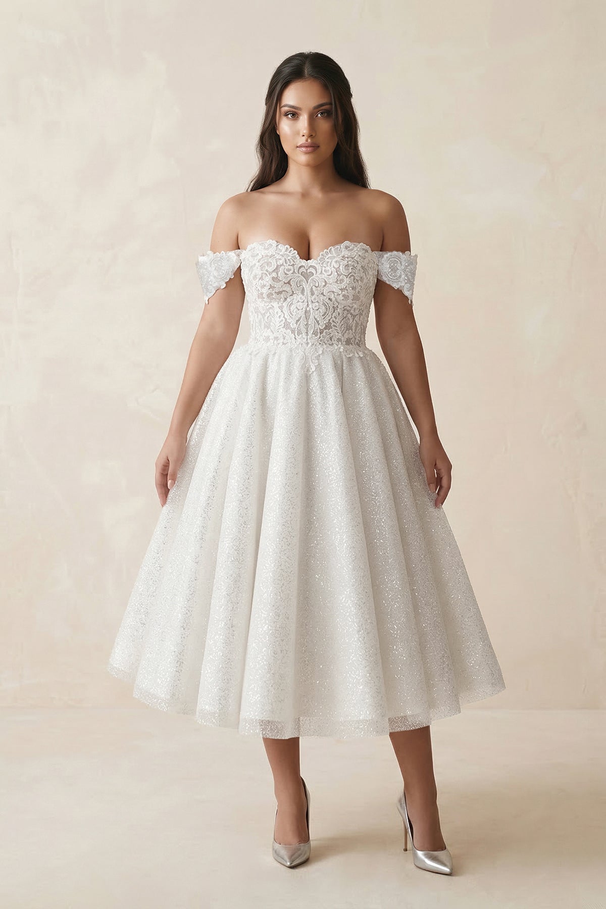 Robe de mariée ivoire trapèze en dentelle à épaules dénudées à corset - Harana