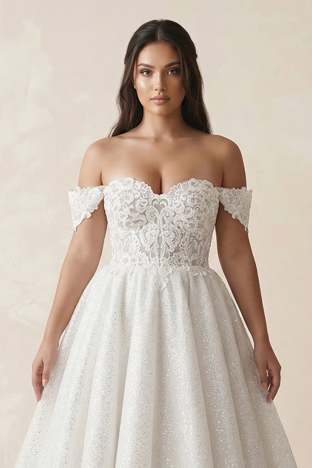 Robe de mariée ivoire trapèze en dentelle à épaules dénudées à corset - Harana