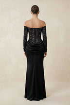 Robe longue noire en dentelle à épaules dénudées - Harana