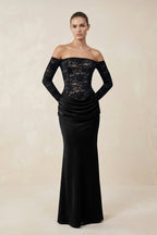 Robe longue noire en dentelle à épaules dénudées - Harana
