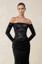 Robe longue noire en dentelle à épaules dénudées - Harana