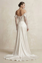 Robe de mariée ivoire en satin à épaules dénudées manches longues - Harana