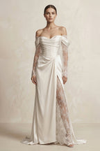 Robe de mariée ivoire en satin à épaules dénudées manches longues - Harana