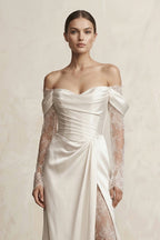 Robe de mariée ivoire en satin à épaules dénudées manches longues - Harana