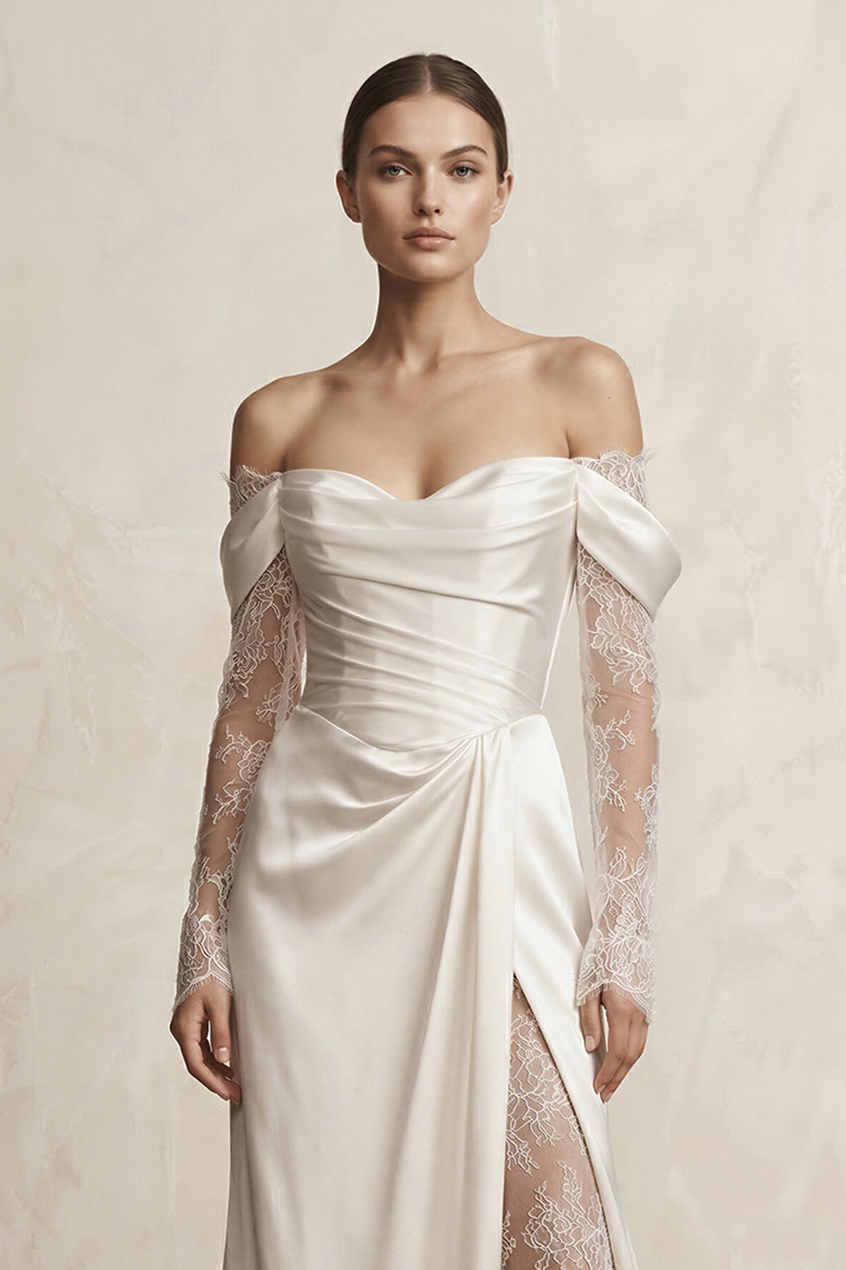 Robe de mariée ivoire en satin à épaules dénudées manches longues - Harana
