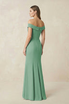 Robe demoiselle d’honneur vert d’eau longue à épaules dénudées plissée effet drapé - Harana