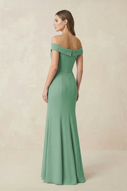 Robe de demoiselle d’honneur vert d’eau longue en mousseline coupe sirène à épaules dénudées - Harana