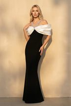 Robe longue black & white coupe sirène à épaules dénudées perlée - Harana