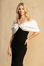 Robe longue black & white coupe sirène à épaules dénudées perlée - Harana