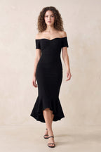 Robe noire midi coupe sirène à épaules dénudées - Harana