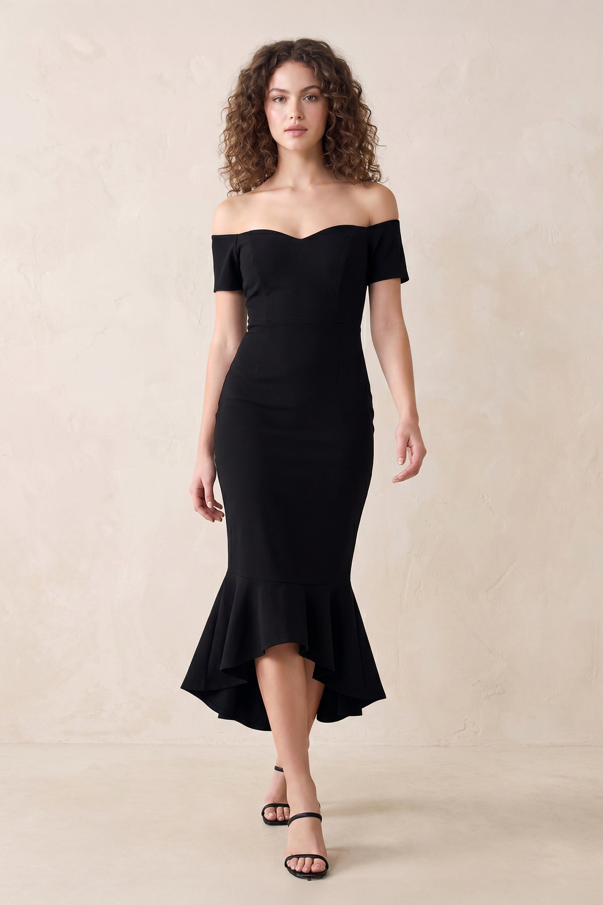 Robe noire midi coupe sirène à épaules dénudées - Harana