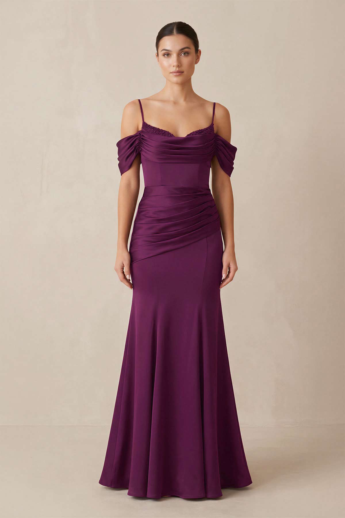 Robe demoiselle d’honneur fig longue à épaules dénudées manches courtes froncée - Harana