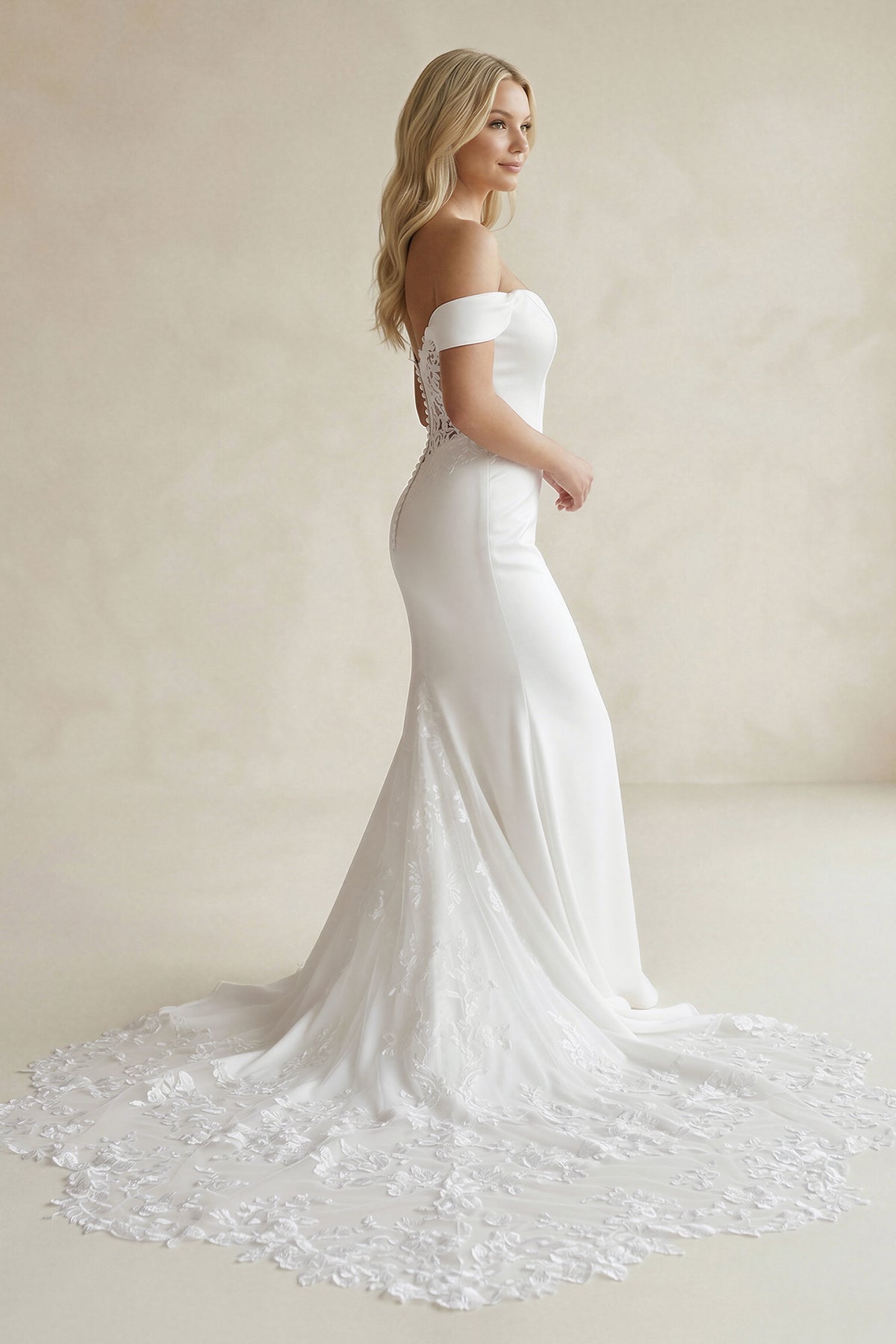 Robe de mariée blanche en satin et dentelle coupe sirène à épaules dénudées - Harana