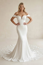 Robe de mariée blanche en satin et dentelle coupe sirène à épaules dénudées - Harana