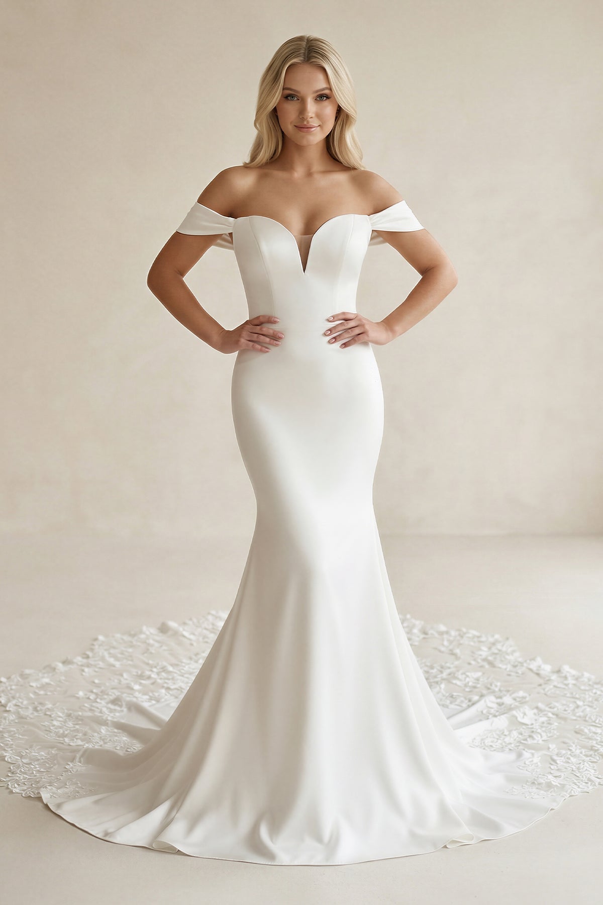Robe de mariée blanche en satin et dentelle coupe sirène à épaules dénudées - Harana