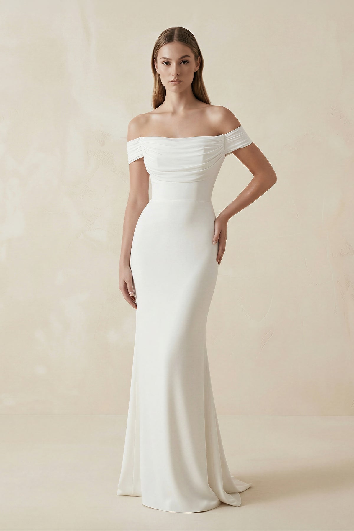 Robe de mariée blanche satinée coupe sirène à épaules dénudées plissée - Harana