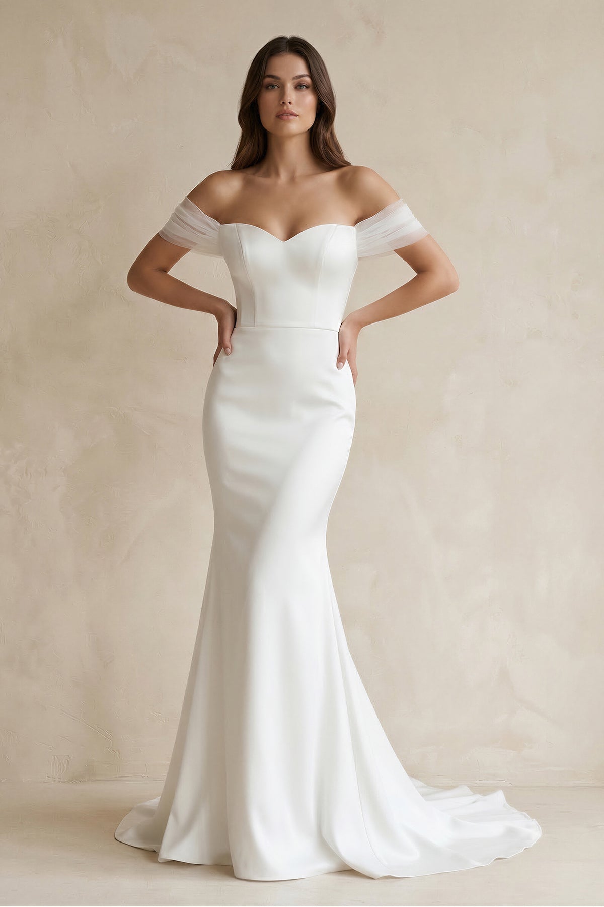Robe de mariée blanche satinée coupe sirène à encolure Bardot - Harana