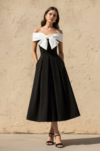 Robe midi black & white à épaules dénudées avec nœud - Harana