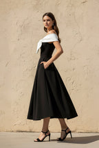 Robe midi black & white à épaules dénudées avec nœud - Harana