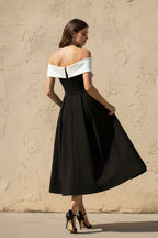 Robe midi black & white à épaules dénudées avec nœud - Harana