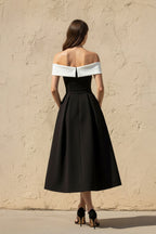 Robe midi black & white à épaules dénudées avec nœud - Harana