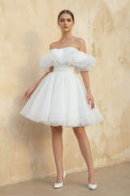 Robe de mariée blanche trapèze en dentelle à épaules dénudées à volants - Harana
