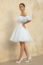 Robe de mariée blanche trapèze en dentelle à épaules dénudées à volants - Harana