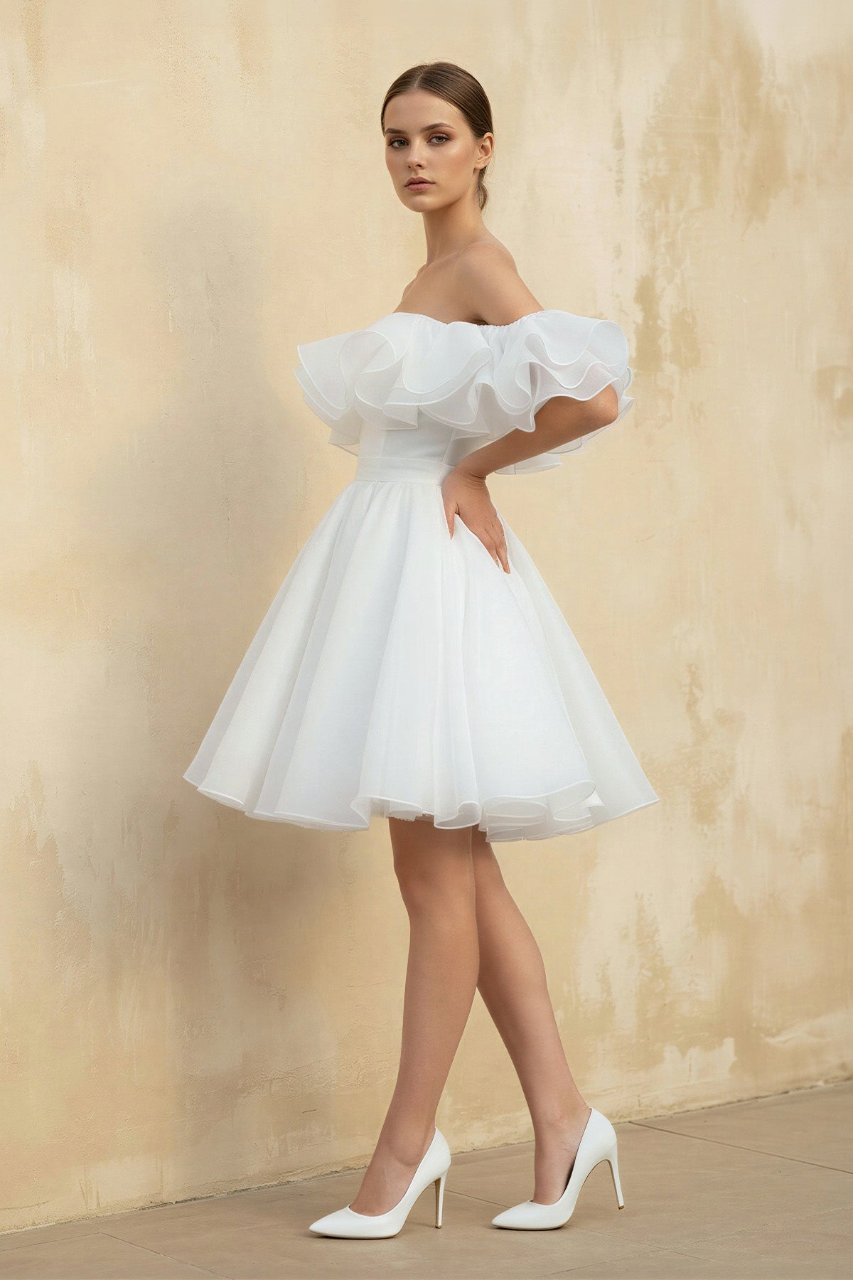 Robe de mariée blanche trapèze en dentelle à épaules dénudées à volants - Harana