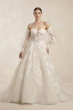 Robe de mariée ivoire longue à épaules dénudées manches longues coupe trapèze - Harana