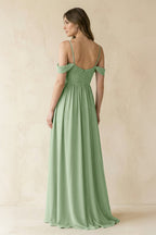 Robe demoiselle d’honneur vert sauge longue à épaules dénudées plissée effet drapé - Harana