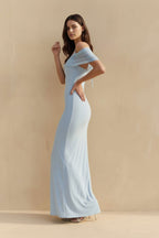 Robe longue bleu ciel à épaules dénudées plissée - Harana