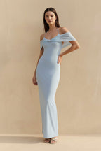 Robe longue bleu ciel à épaules dénudées plissée - Harana