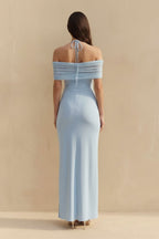 Robe longue bleu ciel à épaules dénudées plissée - Harana