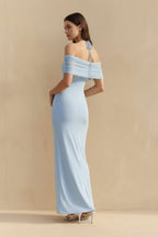 Robe longue bleu ciel à épaules dénudées plissée - Harana