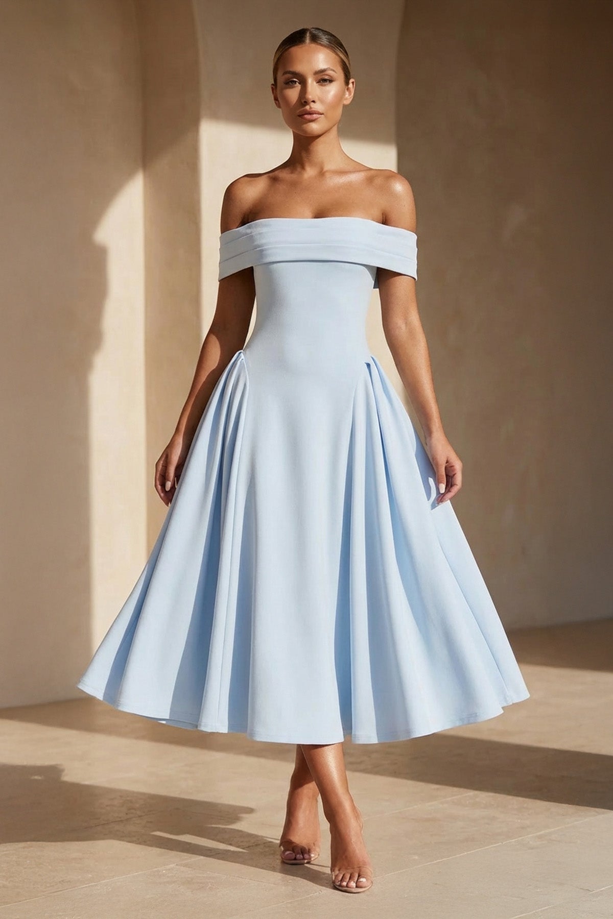 Robe midi à épaules dénudées plissée - Harana