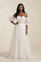 Robe de mariée blanche trapèze à épaules dénudées à appliqués - Harana
