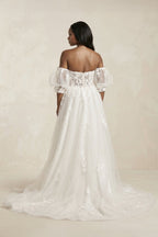 Robe de mariée blanche trapèze à épaules dénudées à appliqués - Harana