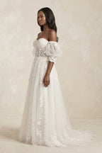 Robe de mariée blanche trapèze à épaules dénudées à appliqués - Harana