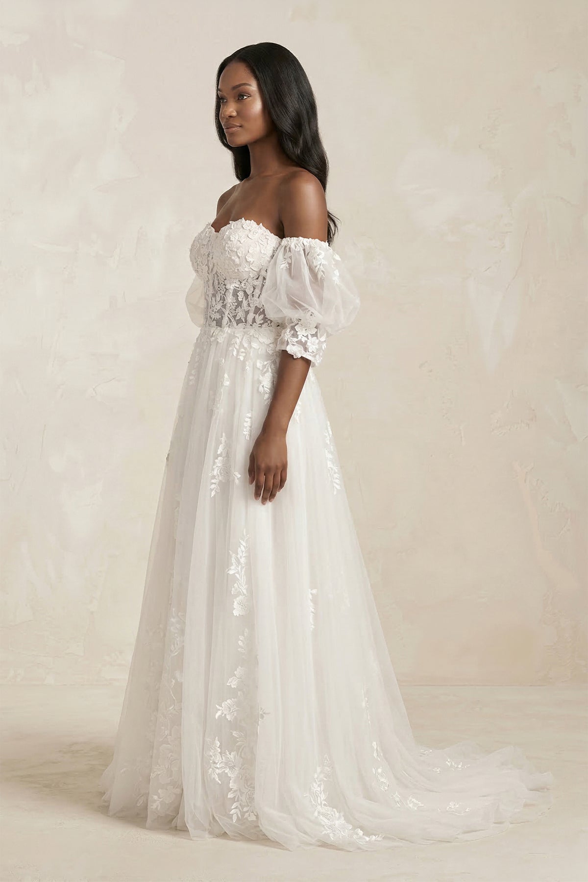 Robe de mariée blanche trapèze à épaules dénudées à appliqués - Harana