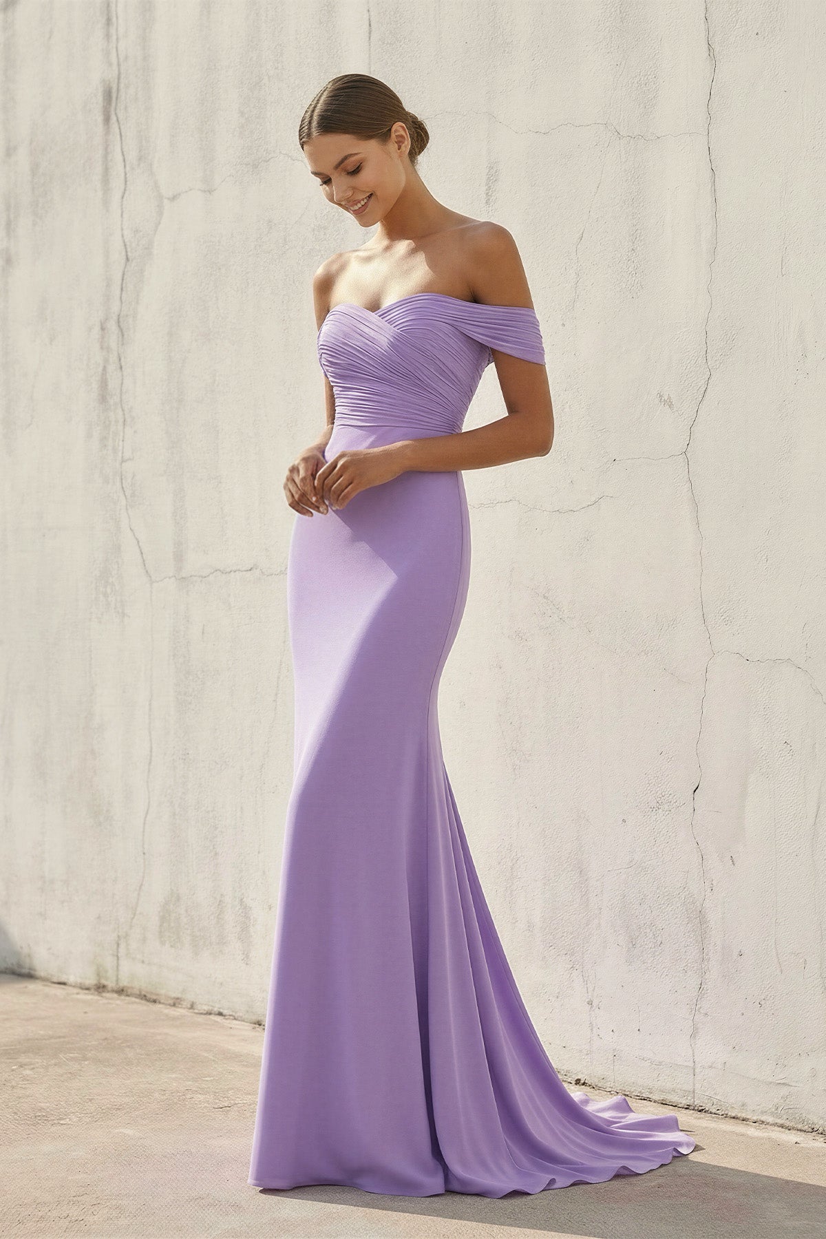 Robe longue lavande à épaules dénudées effet drapé - Harana