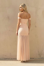 Robe longue peach à épaules dénudées effet drapé - Harana